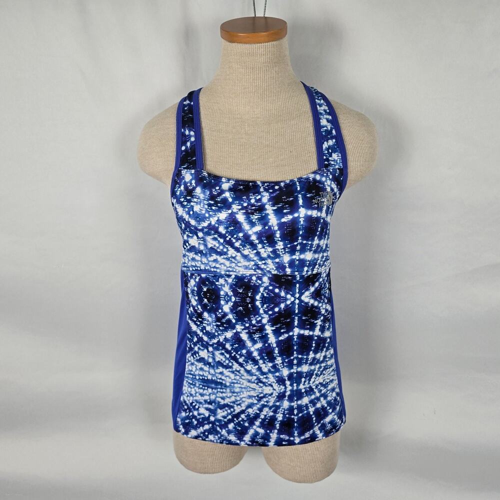 The North Face Tank Top Women's Small Blue White Geo Vapor Wick Racer Back